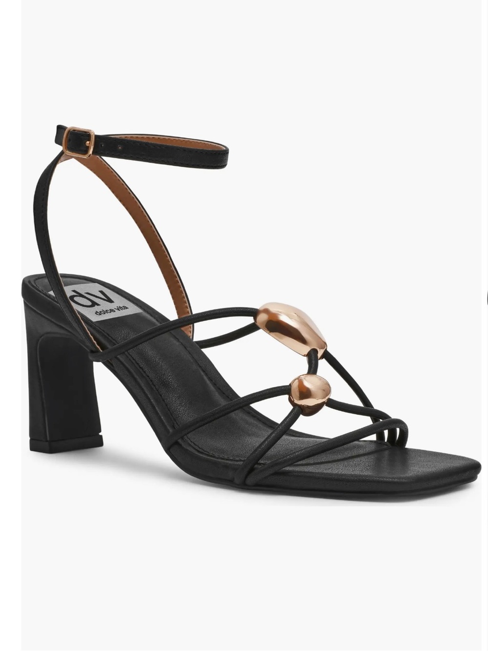 DV by Dolce Vita Black Strappy Heeled Sandal with Rose Gold Accents